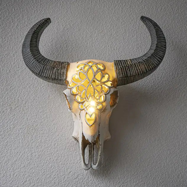 LED Carved Cow Skull with Round Horns | Boho Gothic Decor