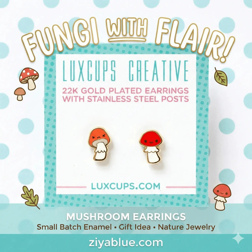 22k Gold Plated Enamel Mushroom Friend Earrings LuxCups Ziya Blue