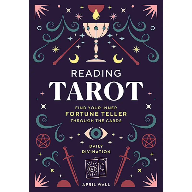 Book cover of 'Reading Tarot' with tarot card symbols and design elements on a dark background.