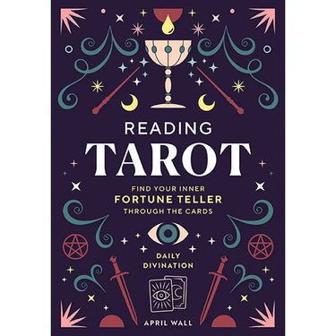 Book cover of 'Reading Tarot' with tarot card symbols and design elements on a dark background.