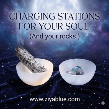 3" Deep Selenite Smudge Bowl: Ethically Sourced Crystal Designs by Deekay Inc. Ziya Blue