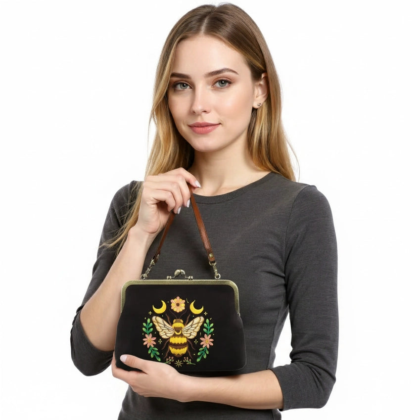 Bee Kisslock Bag in Black: Gothic Botanical Elegance Meets Vintage Charm