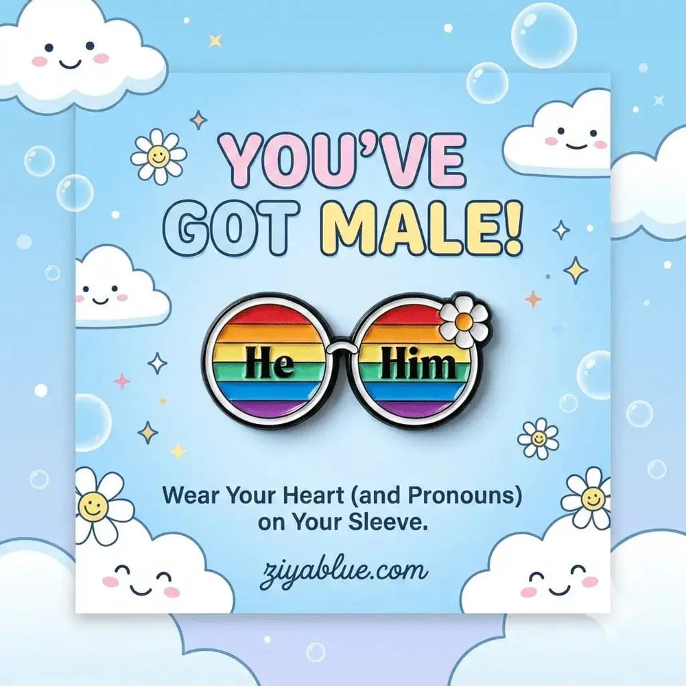 70's Glasses Rainbow Pronoun Pin - He/Him Rainbow Certified Ziya Blue