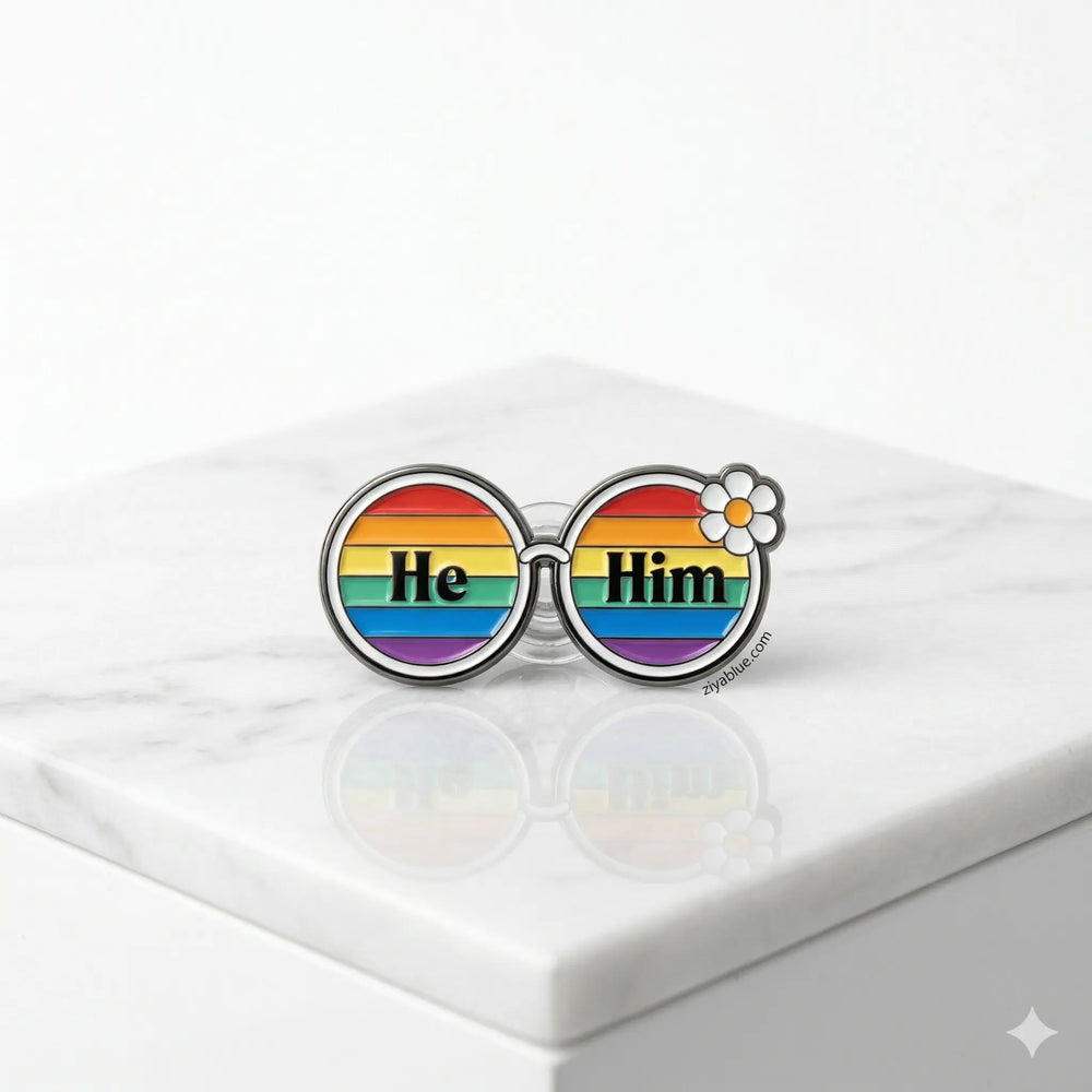 70's Glasses Rainbow Pronoun Pin - He/Him Rainbow Certified Ziya Blue