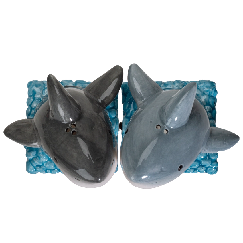 Shark Attack Salt and Pepper Shakers | Ceramic Shark S&P Set & Nautical Kitchen Decor