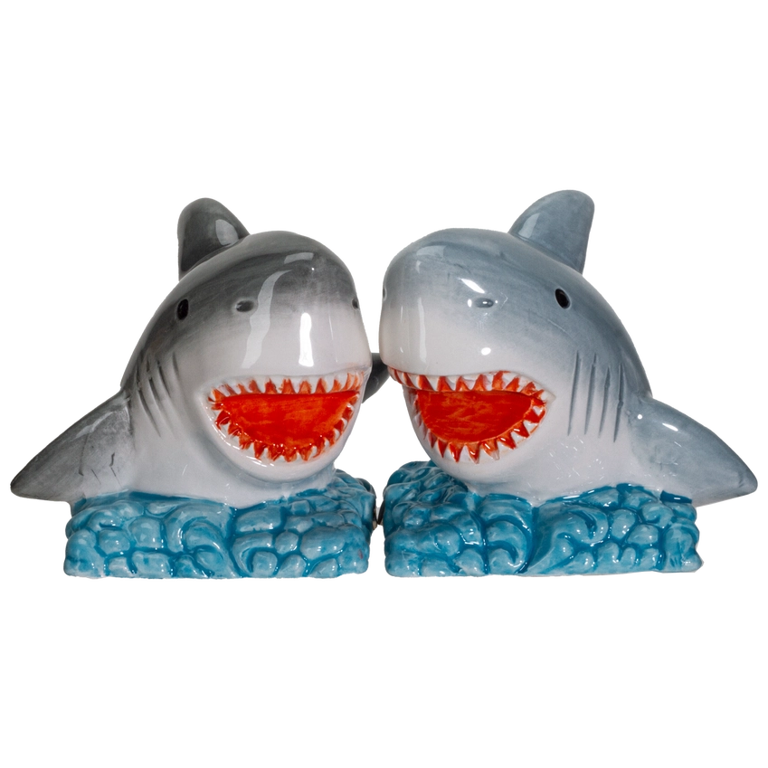 Shark Attack Salt and Pepper Shakers | Ceramic Shark S&P Set & Nautical Kitchen Decor