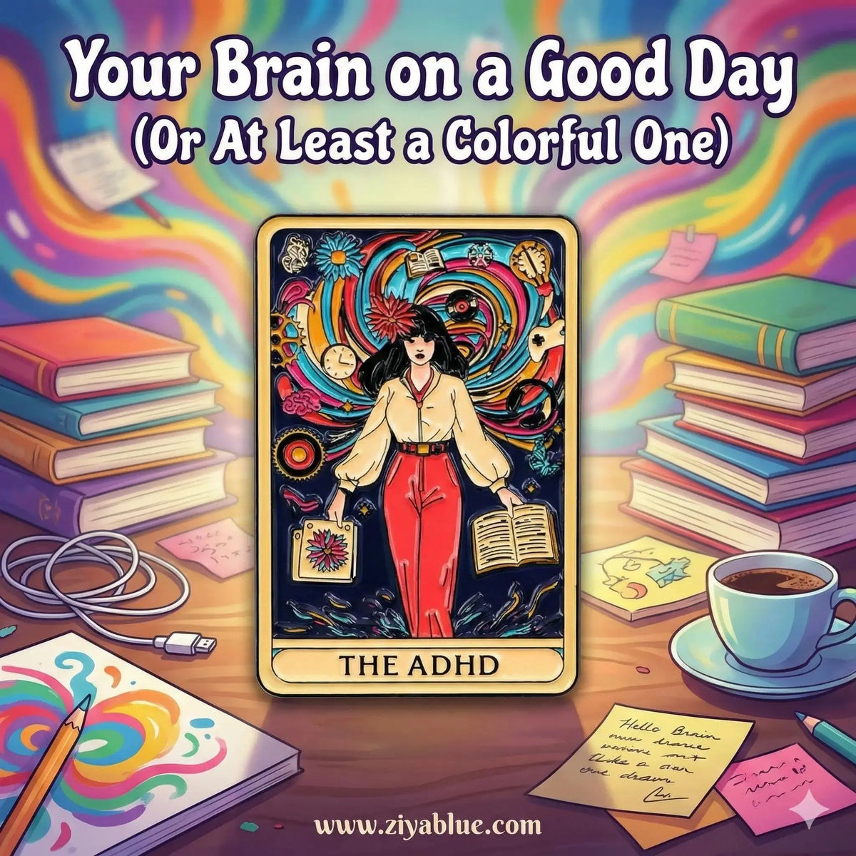 ADHD Enamel Pin | Witty Tarot Card Neurodiversity Badge Ziya Blue Ziya Blue