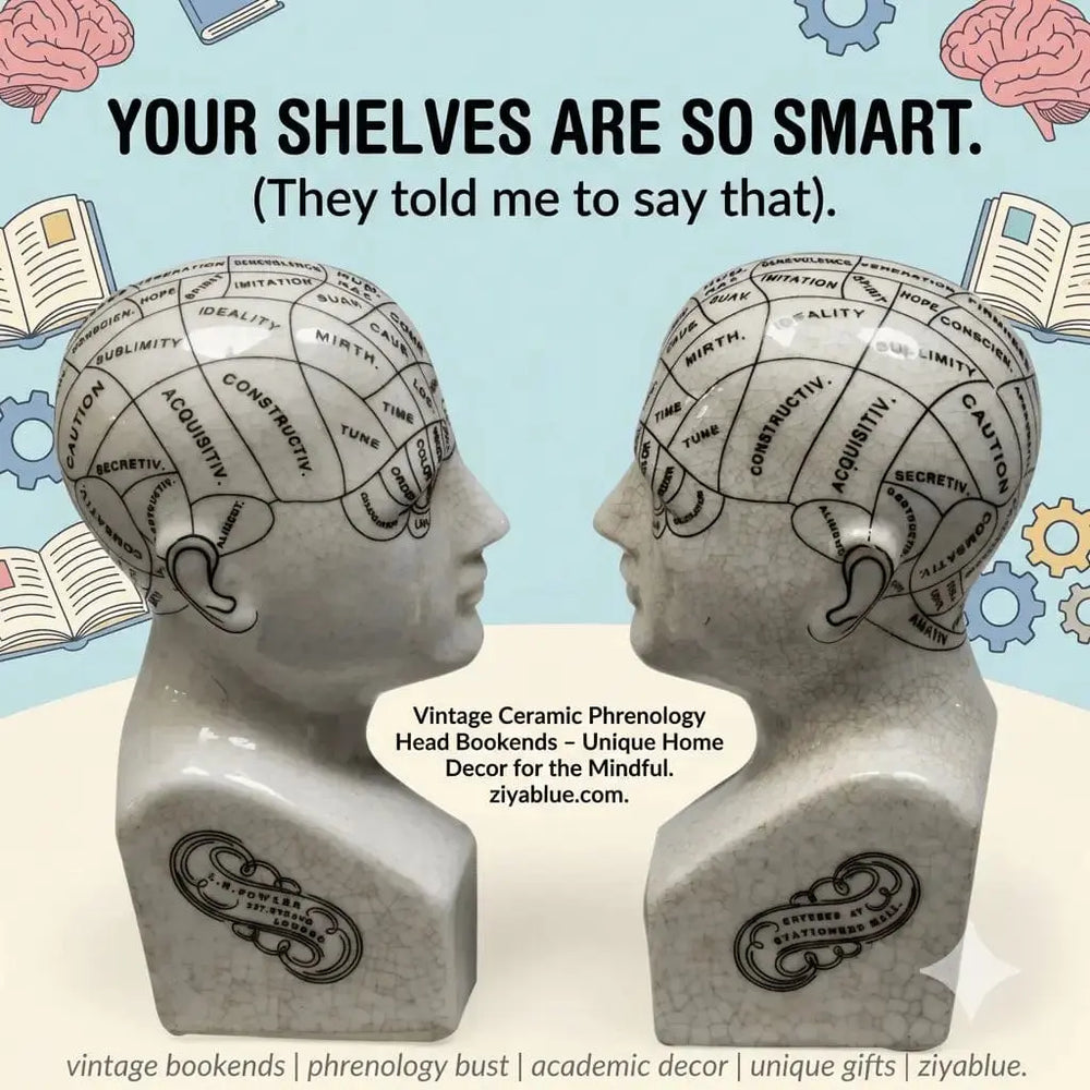 Antiqued Ceramic Phrenology Head Bookends: Vintage Decor McGowan & Rutherford Ltd Ziya Blue