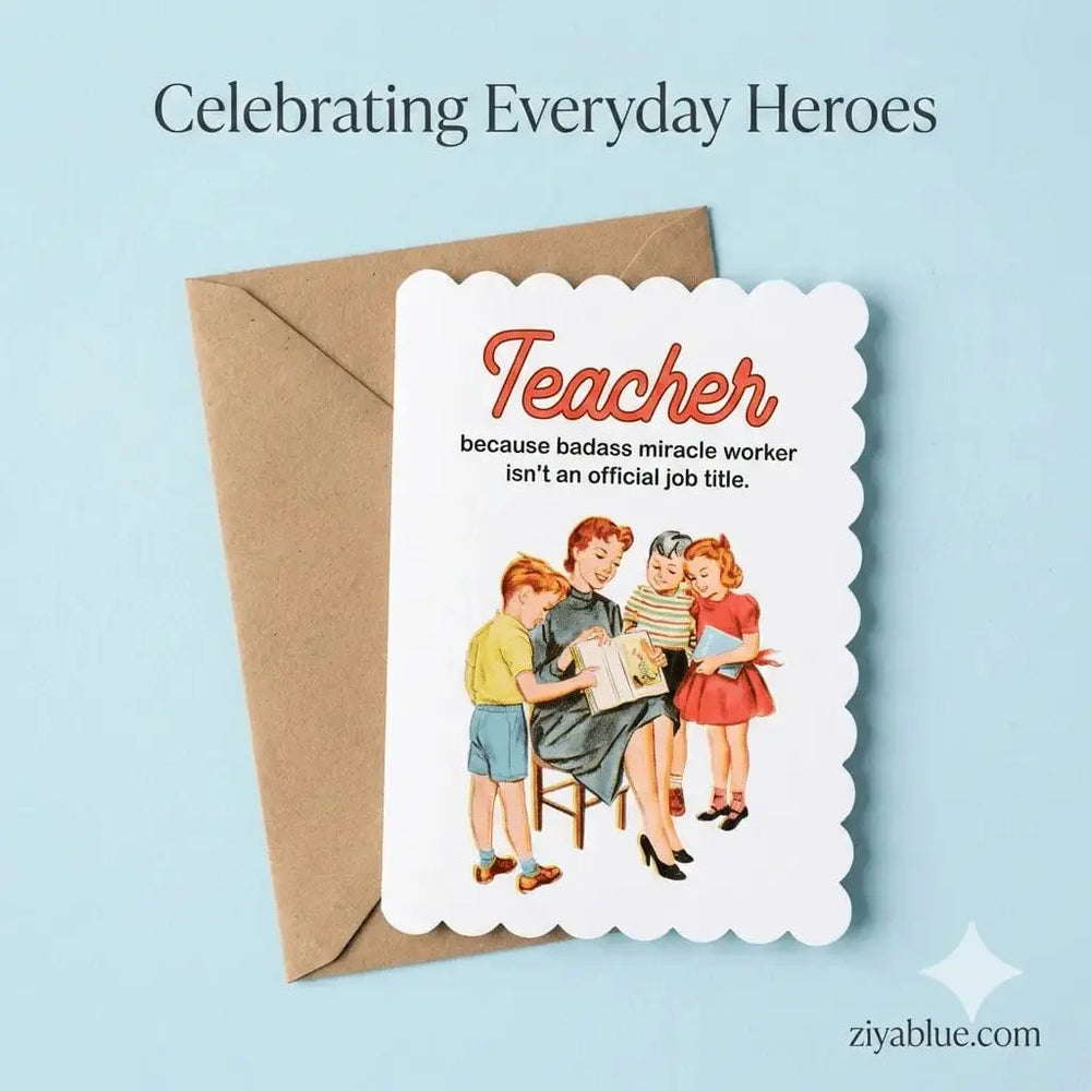 "Badass Miracle Worker" Funny Teacher Appreciation Card Bad Betty Greeting Co. Ziya Blue