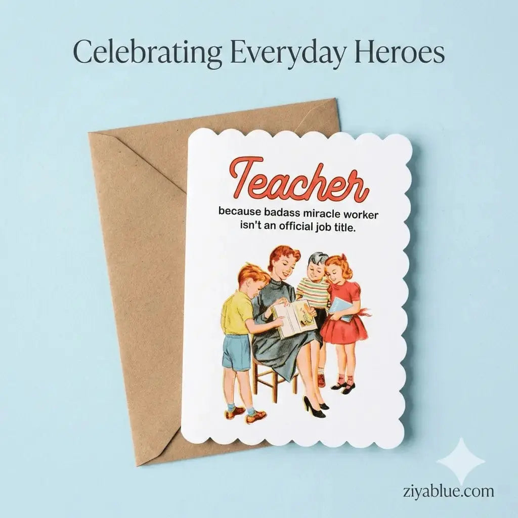 "Badass Miracle Worker" Funny Teacher Appreciation Card Bad Betty Greeting Co. Ziya Blue