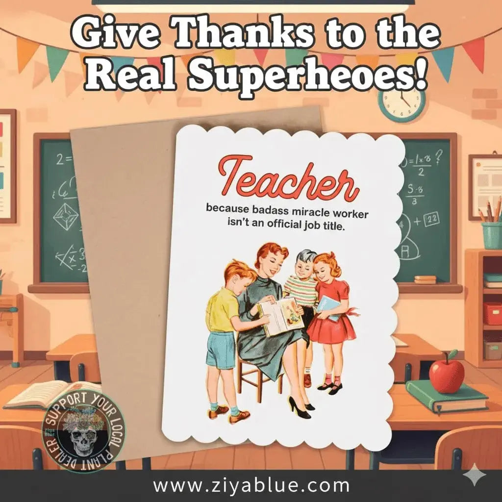 "Badass Miracle Worker" Funny Teacher Appreciation Card Bad Betty Greeting Co. Ziya Blue