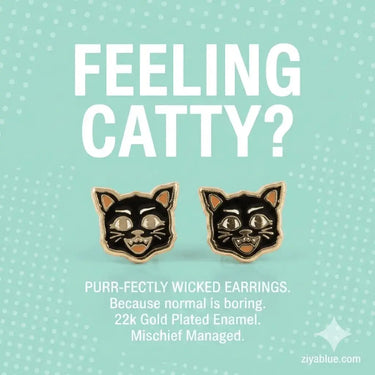 Black Cat Earrings | Petite 22k Gold Plated Enamel Studs LuxCups Ziya Blue