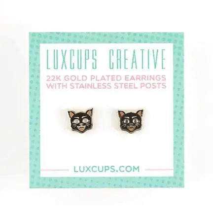 Black Cat Earrings | Petite 22k Gold Plated Enamel Studs LuxCups Ziya Blue
