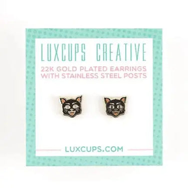 Black Cat Earrings | Petite 22k Gold Plated Enamel Studs LuxCups Ziya Blue