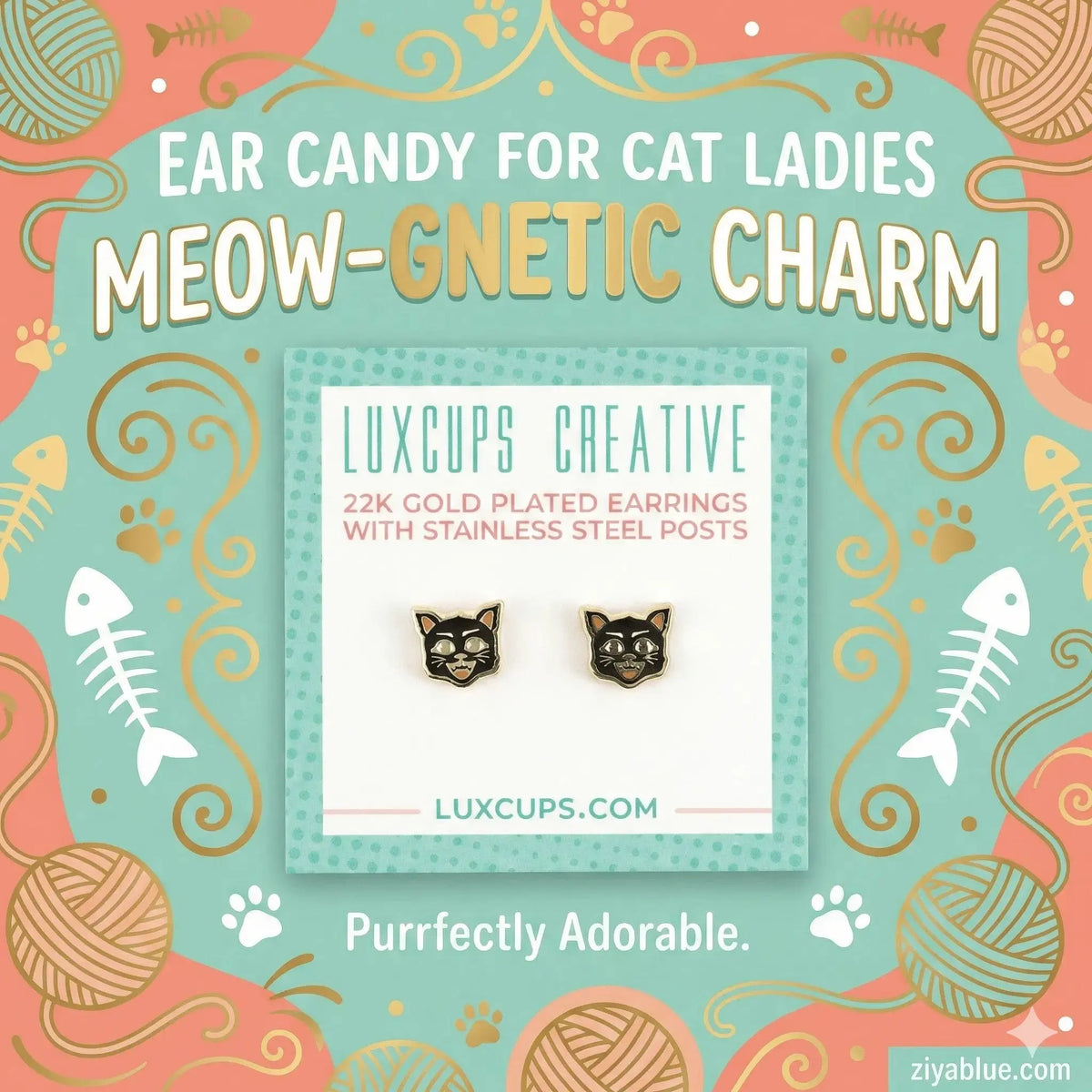 Black Cat Earrings | Petite 22k Gold Plated Enamel Studs LuxCups Ziya Blue