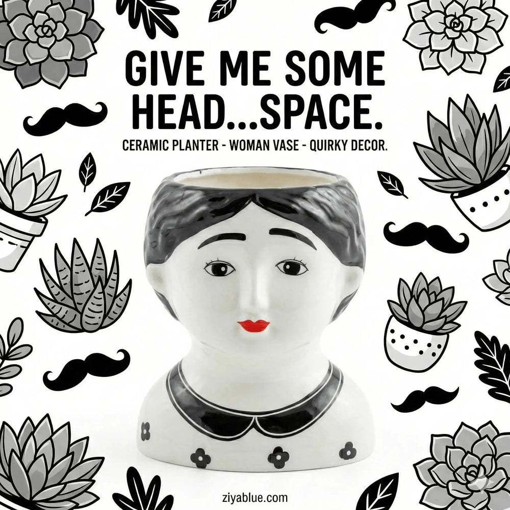 Black and White Face Planter - Modern Ceramic Woman Pot McGowan & Rutherford Ltd Ziya Blue