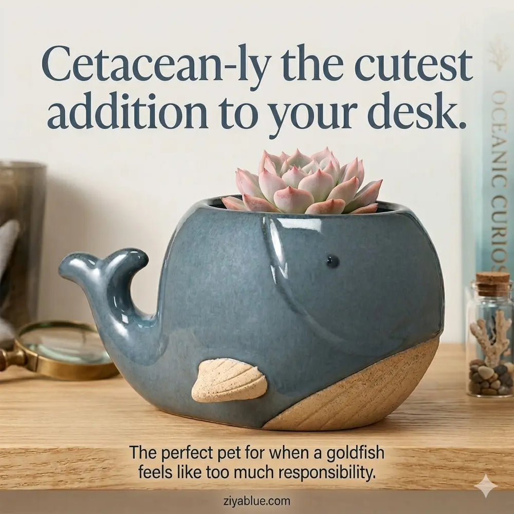 Blue Whale Ceramic Planter - Glossy Mini Ocean Pot  Ziya Blue