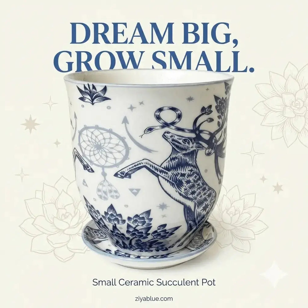 Blue and White Stag Planter - 4.25" Liberté Ceramic Pot Chive Ziya Blue