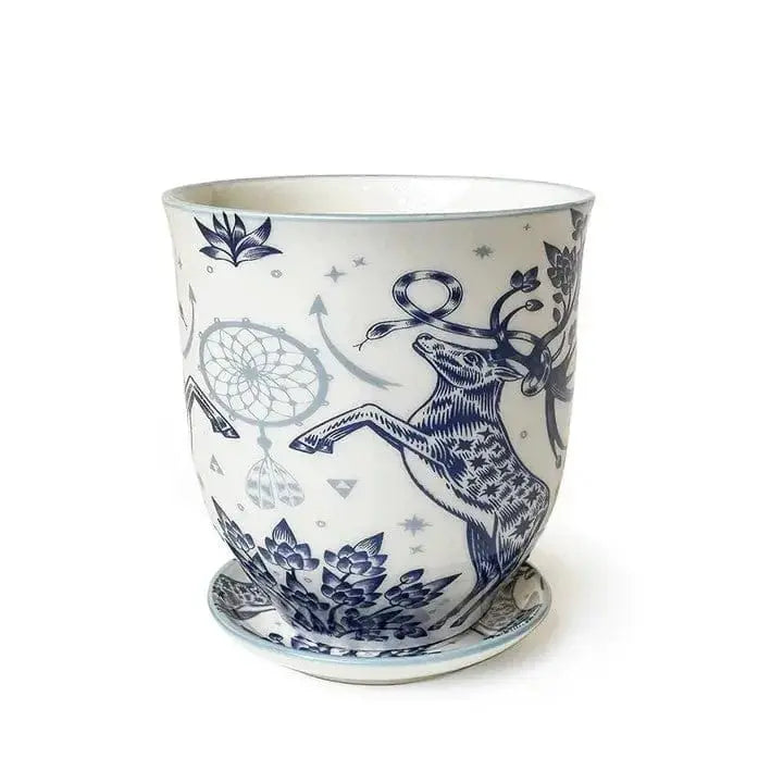 Blue and White Stag Planter - 4.25" Liberté Ceramic Pot Chive Ziya Blue