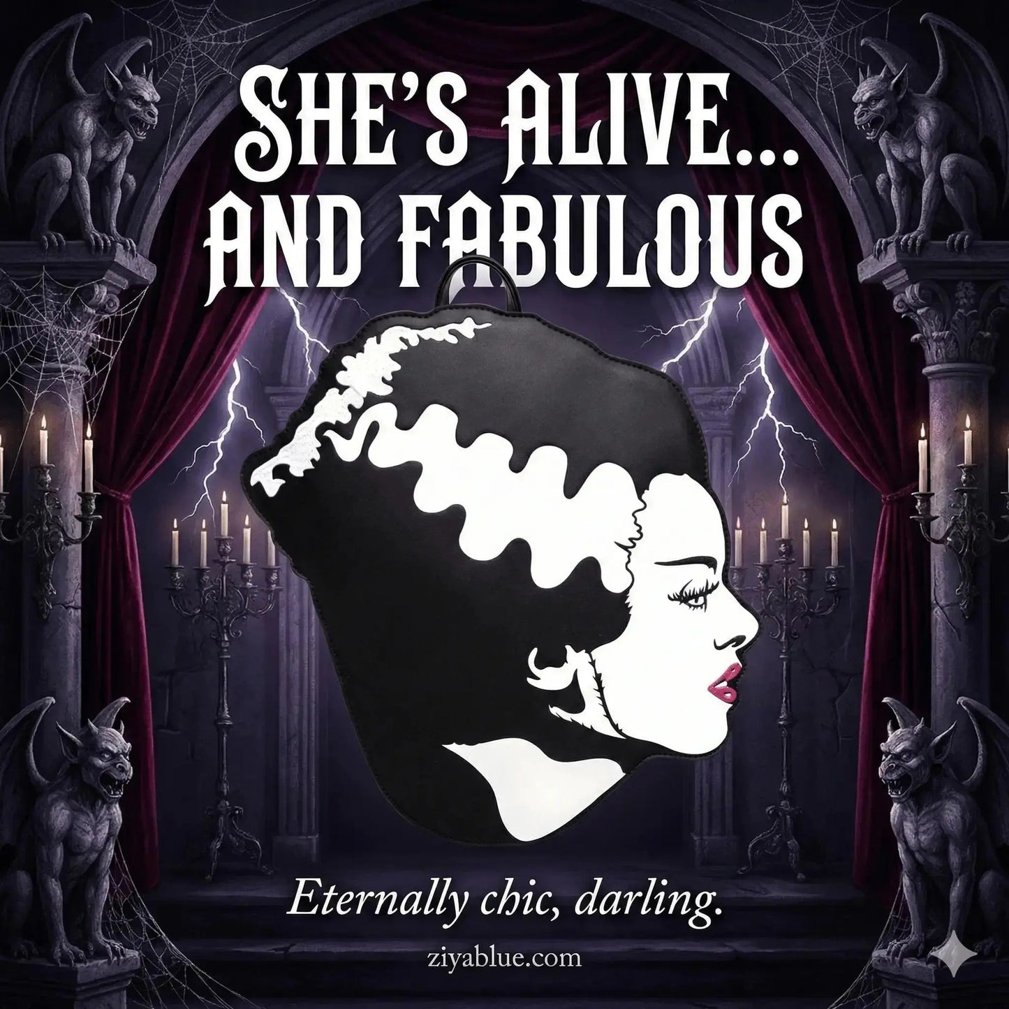 Bride of Frankenstein Head Backpack | Glow-in-the-Dark Horror Bag Rock Rebel Shop Ziya Blue