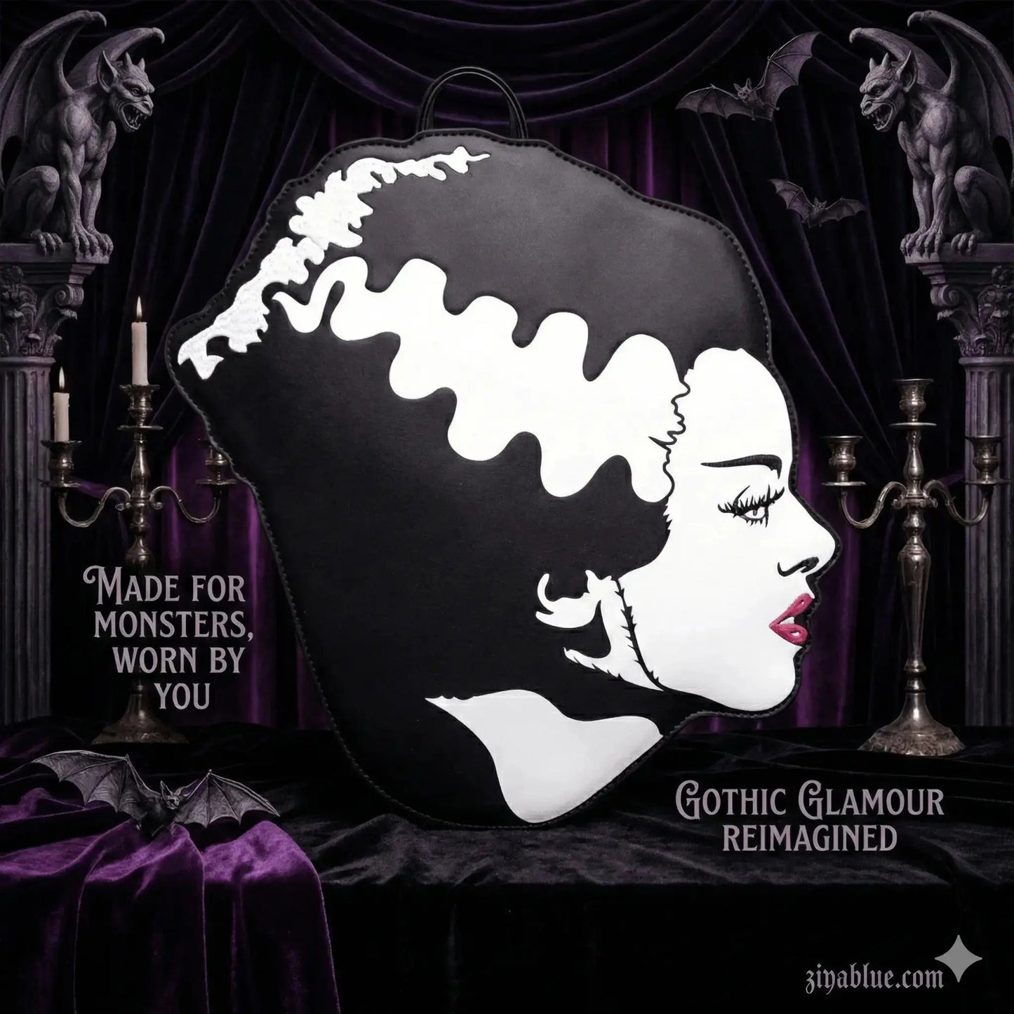 Bride of Frankenstein Head Backpack | Glow-in-the-Dark Horror Bag Rock Rebel Shop Ziya Blue