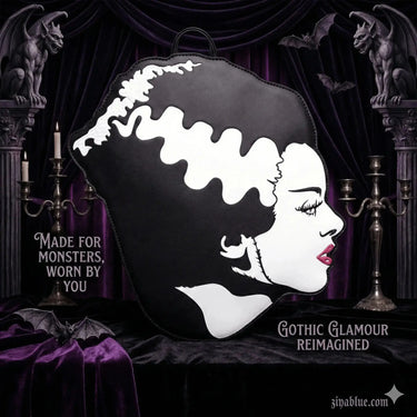 Bride of Frankenstein Head Backpack | Glow-in-the-Dark Horror Bag Rock Rebel Shop Ziya Blue