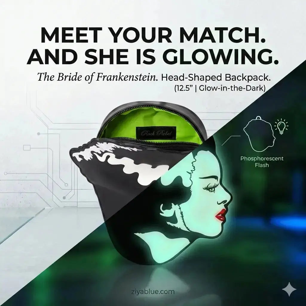 Bride of Frankenstein Head Backpack | Glow-in-the-Dark Horror Bag Rock Rebel Shop Ziya Blue