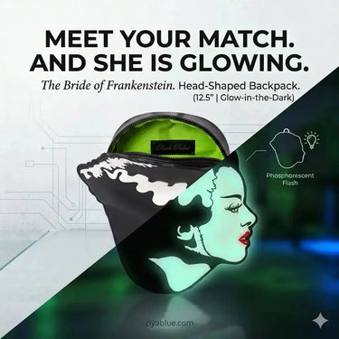 Bride of Frankenstein Head Backpack | Glow-in-the-Dark Horror Bag Rock Rebel Shop Ziya Blue