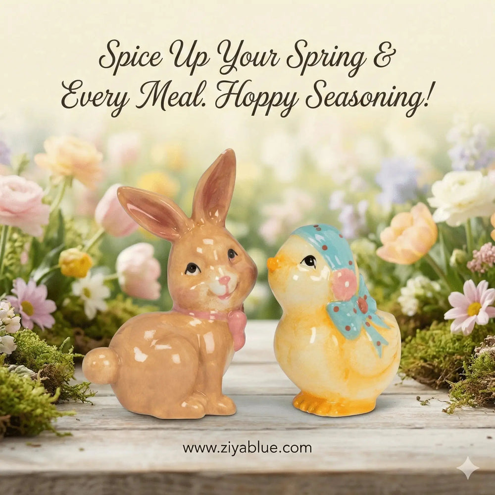 Bunny Salt and Pepper Shakers: The "Springtime Cheer" Duo Abbott Ziya Blue