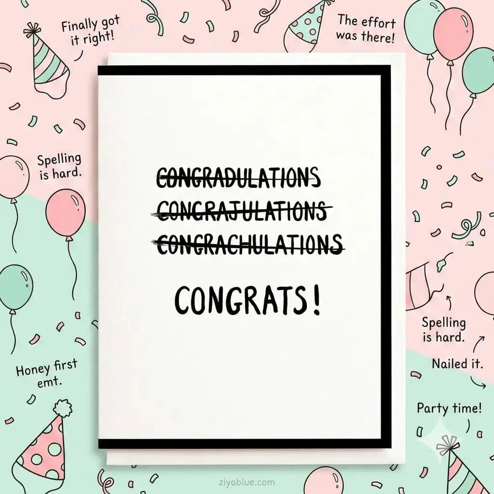 Can't Spell Congrats Funny Card | Letterpress Congratulations Pun Smitten Kitten Ziya Blue