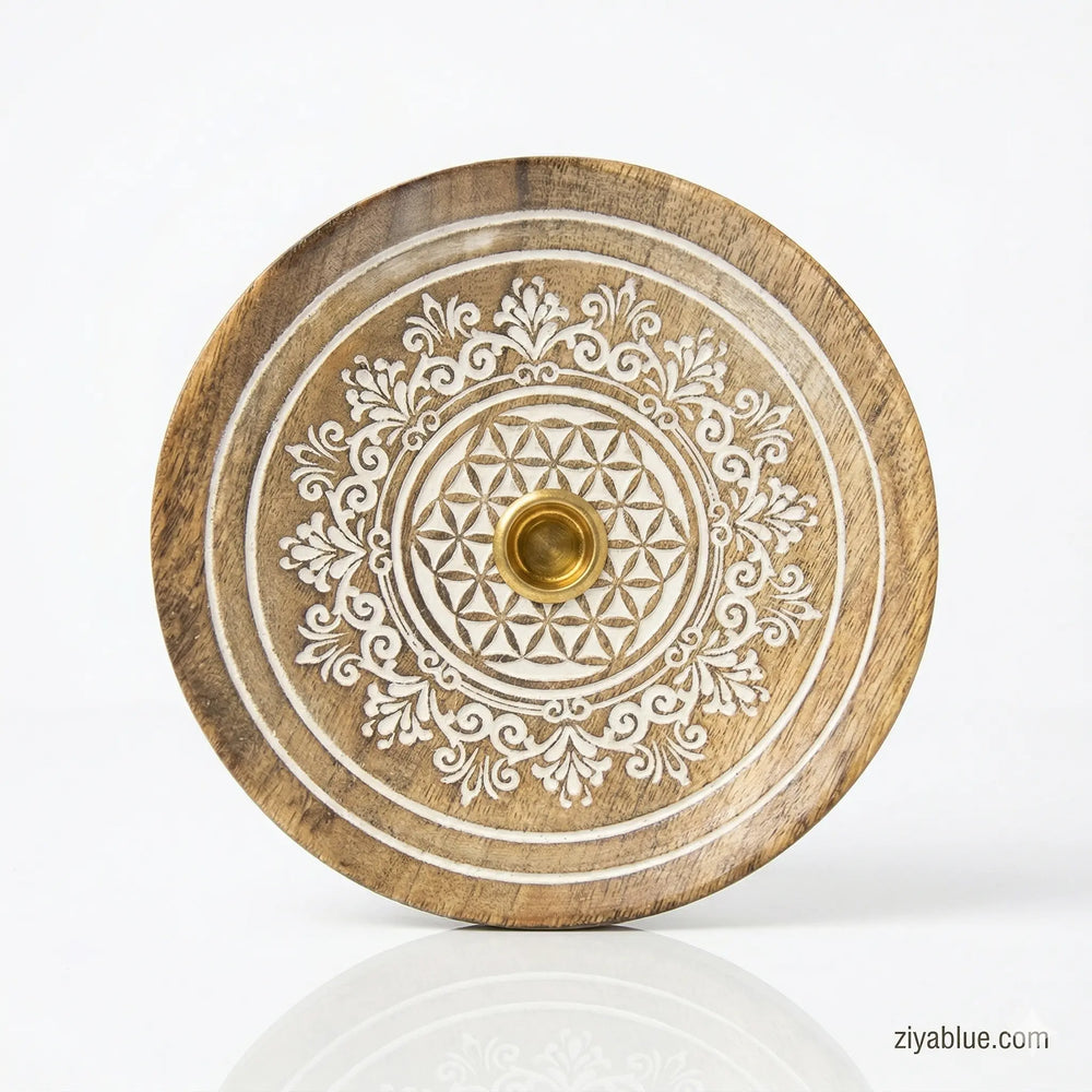 Carved Wood Incense Holder - White Flower Mandala | The "No-Mess" Burner  Ziya Blue