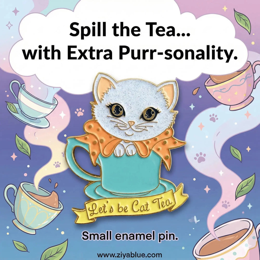 Cat Tea Enamel Pin: Glitter Kitten Accessory Kitschy Delish Ziya Blue