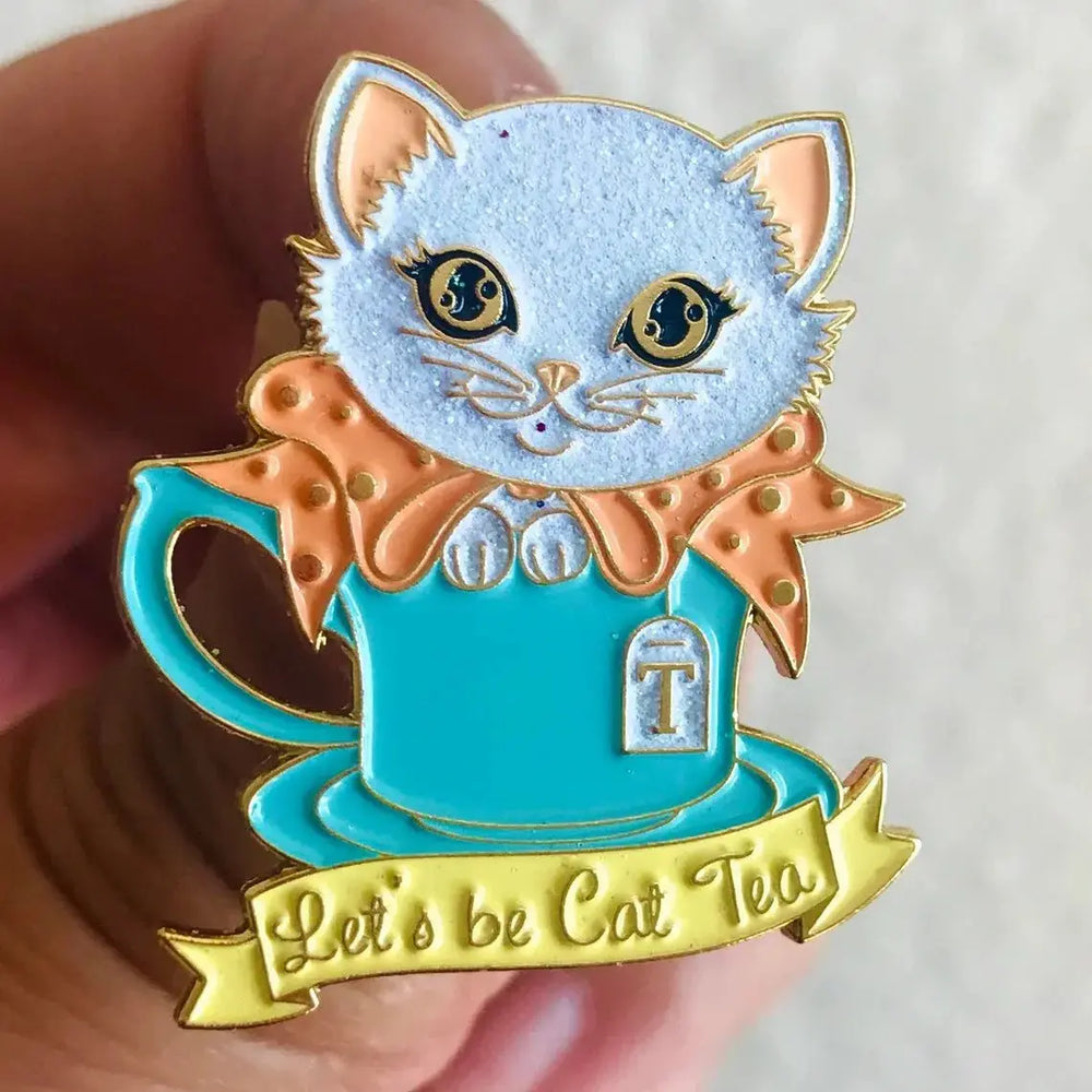 Cat Tea Enamel Pin: Glitter Kitten Accessory Kitschy Delish Ziya Blue