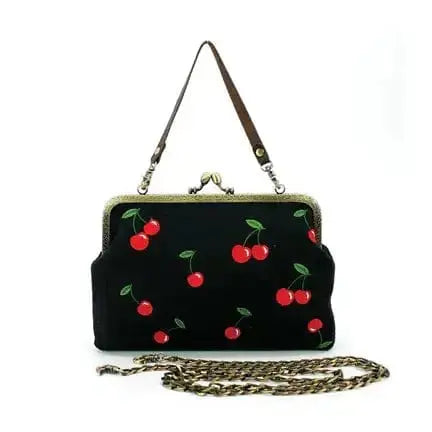 Cherry Kisslock Linen Bag | Retro Cherry Print Handbag Faire Ziya Blue