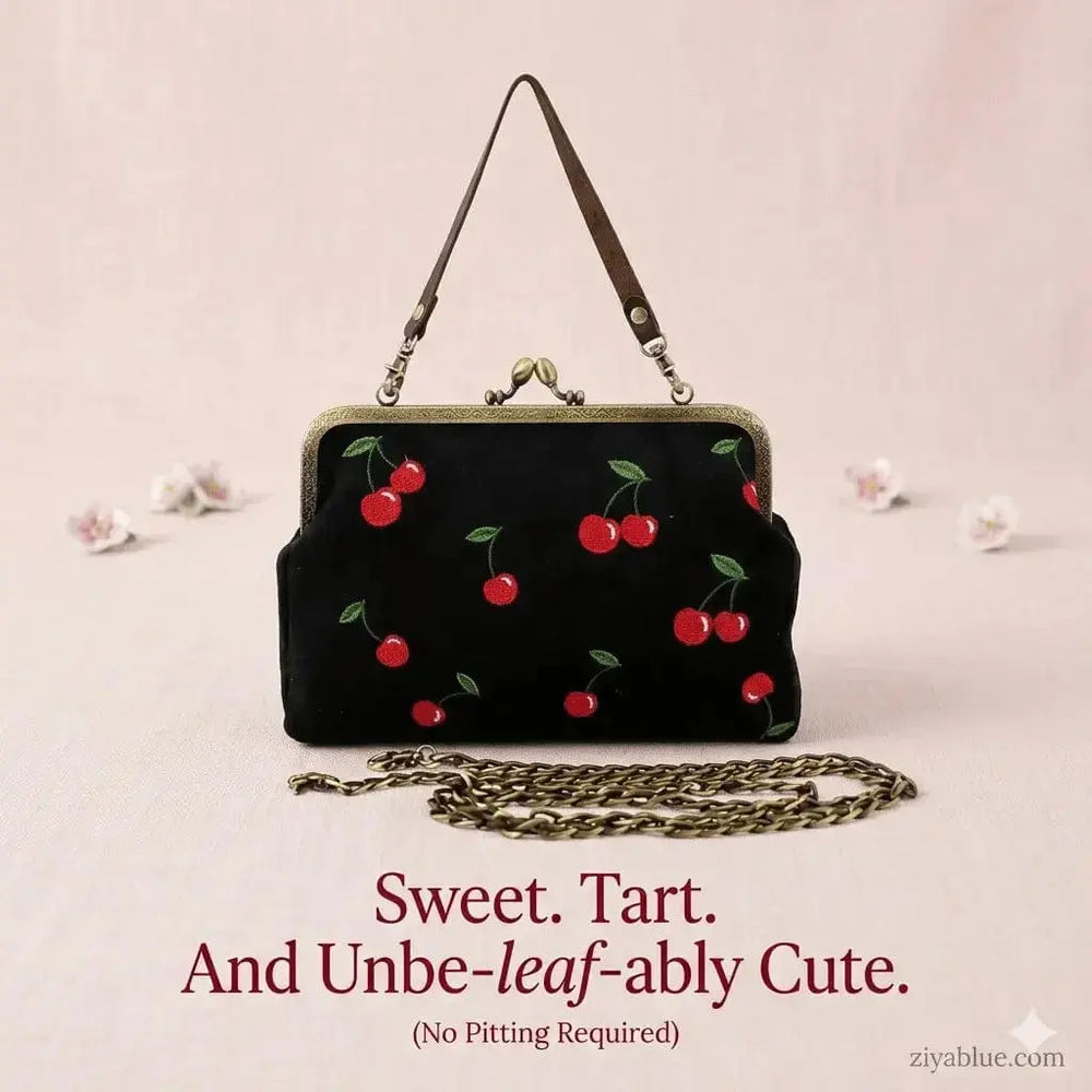 Cherry Kisslock Linen Bag | Retro Cherry Print Handbag Faire Ziya Blue