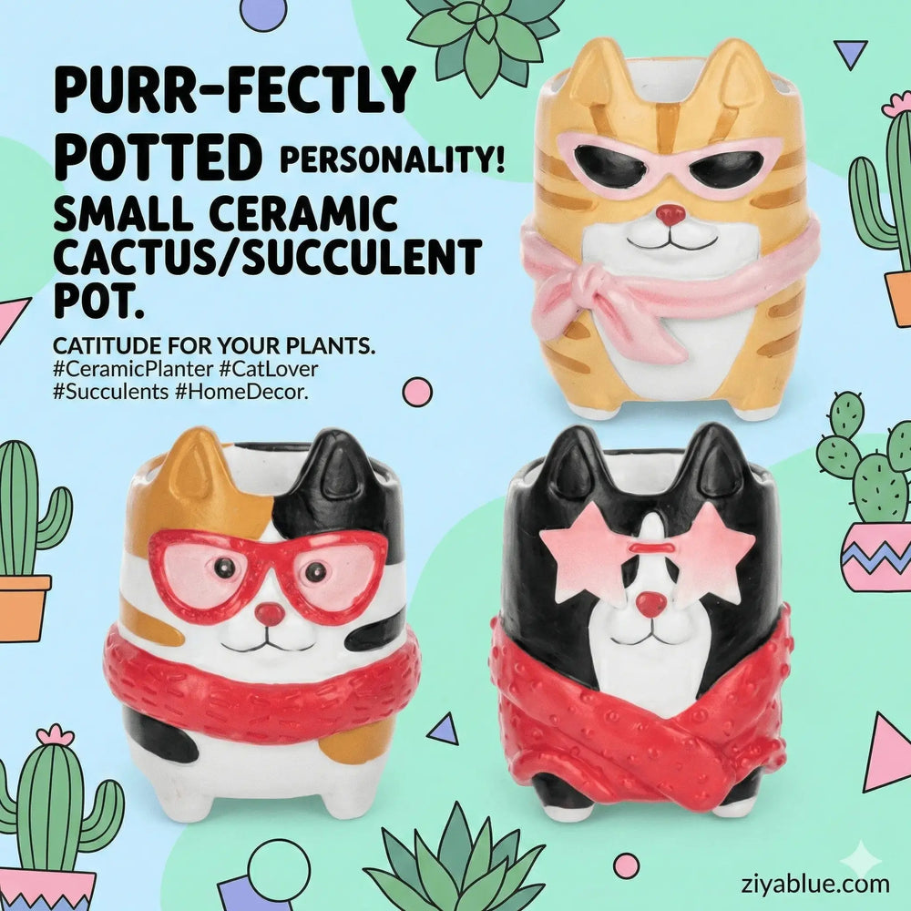 Chic Cat Planter - 4" Fashionable Feline Succulent Pot Ganz Ziya Blue