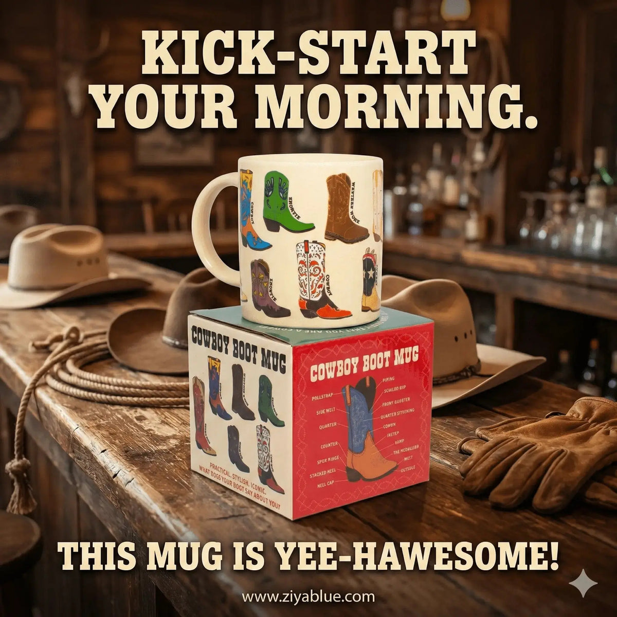 Cowboy Boots Coffee Mug - 12 oz Western Illustrated Cup Unemployed Philosophers Guild Ziya Blue