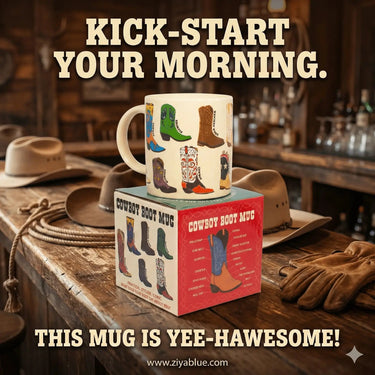 Cowboy Boots Coffee Mug - 12 oz Western Illustrated Cup Unemployed Philosophers Guild Ziya Blue
