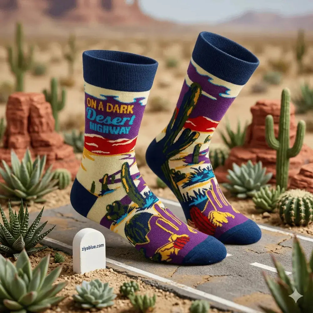 Dark Desert Highway Socks: Retro Landscape Crew Fabdaz Ziya Blue