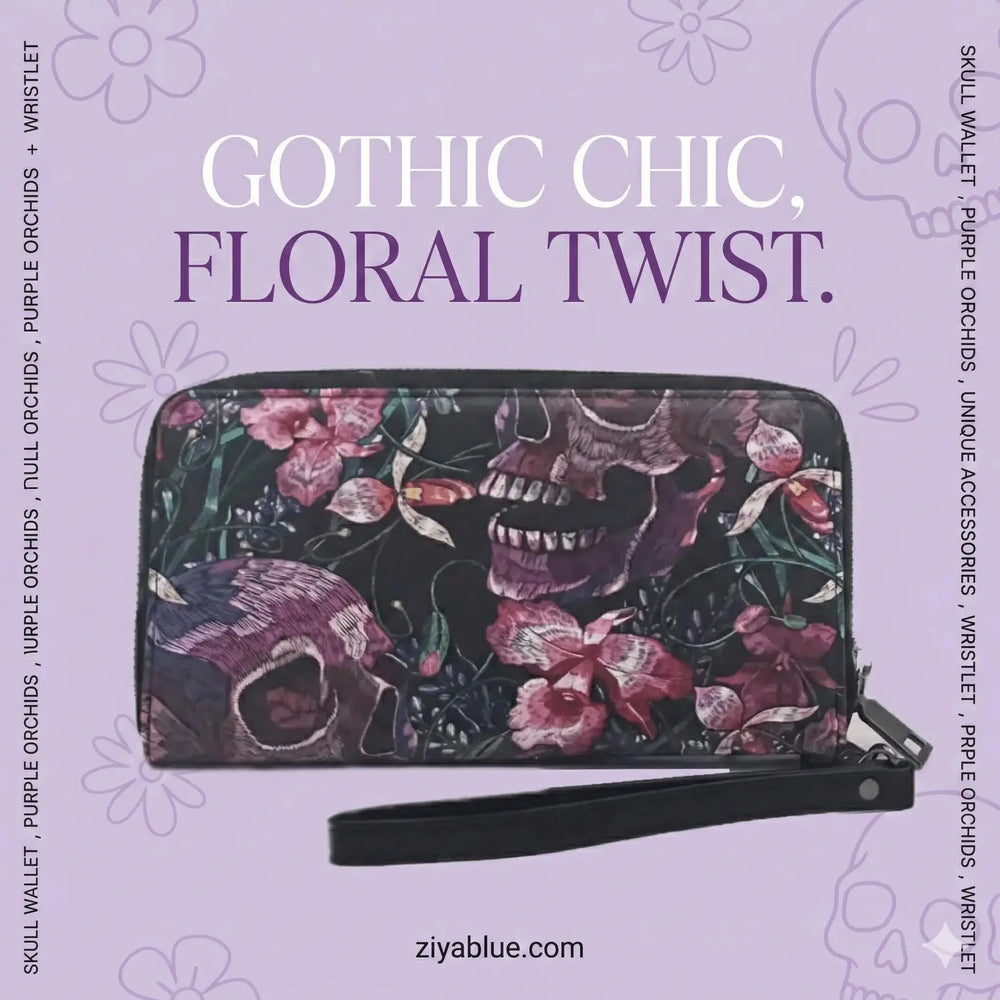 Dark Floral Gothic Wallet - Skulls and Flowers Wristlet Shady Front Ziya Blue