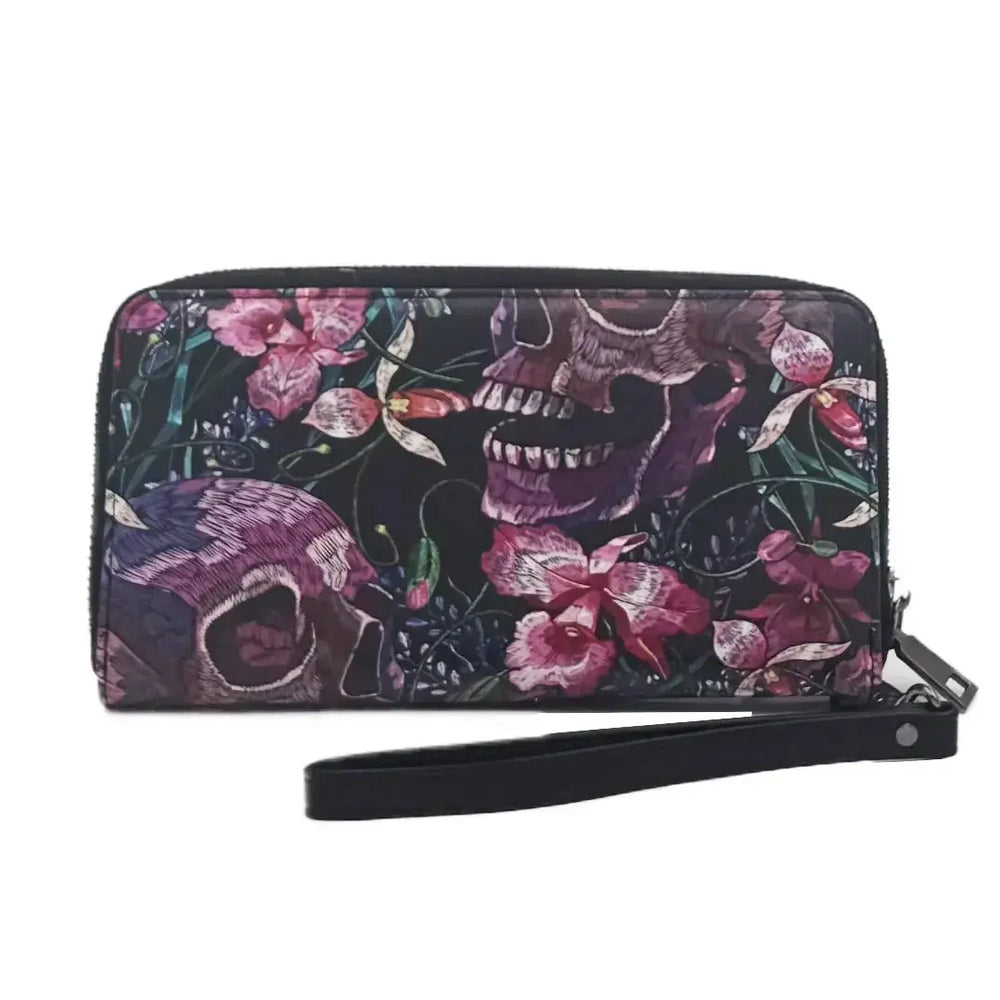 Dark Floral Gothic Wallet - Skulls and Flowers Wristlet Shady Front Ziya Blue