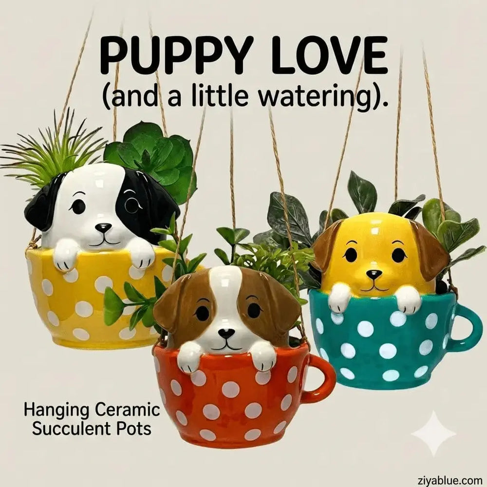 Dog Mini Hanging Planter - Pups In Cups Ceramic Pot Streamline Ziya Blue