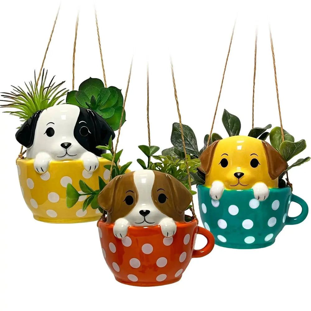 Dog Mini Hanging Planter - Pups In Cups Ceramic Pot Streamline Ziya Blue