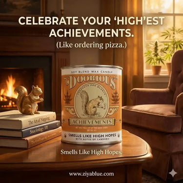 Doobious Achievements Candle Cannabis 16oz scents of accompliments Ziya Blue