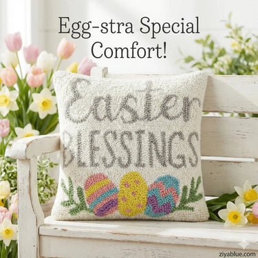 Easter Hooked Wool Pillow: Spring Decor Accent Cushion Faire Ziya Blue