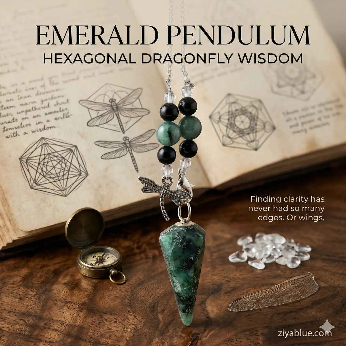 Emerald Pendulum: Hexagonal Dragonfly Wisdom  Ziya Blue