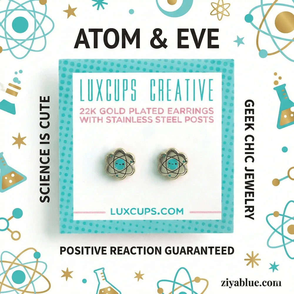 Excited Atom Earrings | 22k Gold Plated Science Jewelry LuxCups Ziya Blue