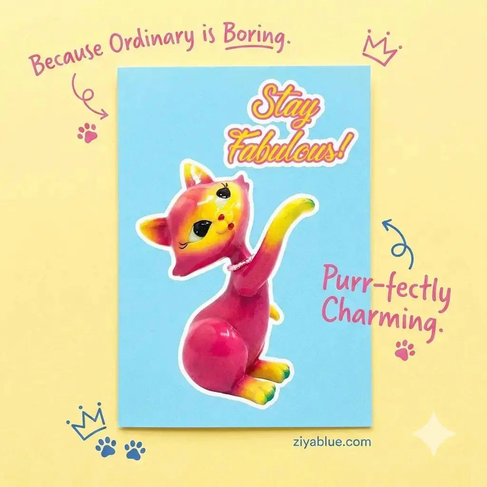 Fabulous Cat Greeting Card: The "Stay Fabulous" Feline Bite Your Granny Ziya Blue