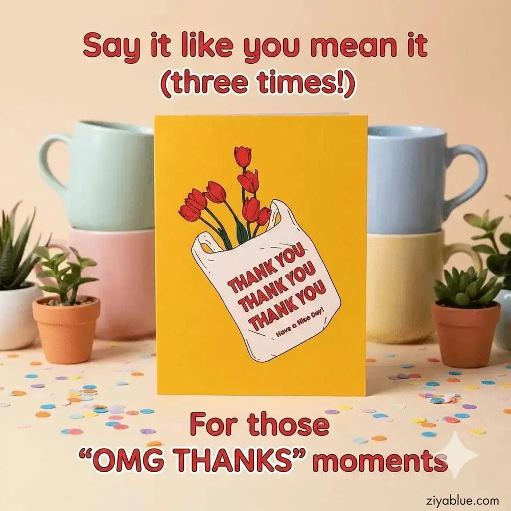 Flower Thank You Card: Floral Shopping Bag Illustration Party Mountain Paper Co. Ziya Blue