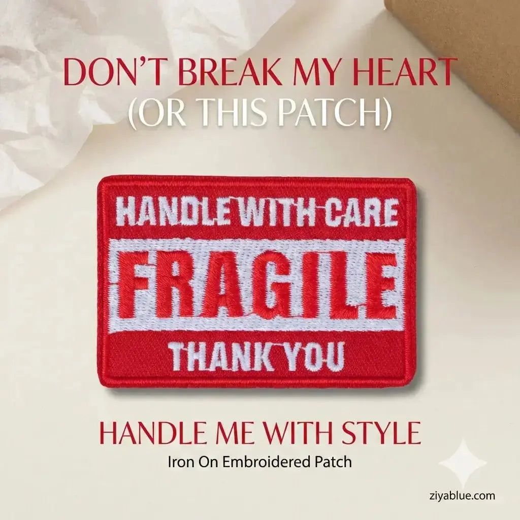 Fragile Iron-On Patch: Warning Badge Ziya Blue Ziya Blue